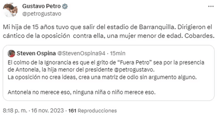 Respuesta de Petro por X sobre la situación vivida por su hija en el Metropolitano 